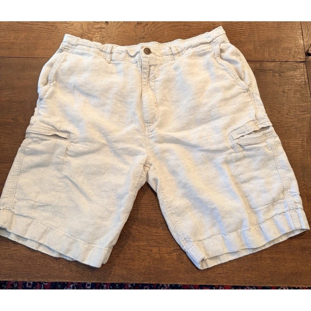Mens Linen Shorts 38 Caribbean Cargo Elastic Back Utility Pockets Beach/Travel